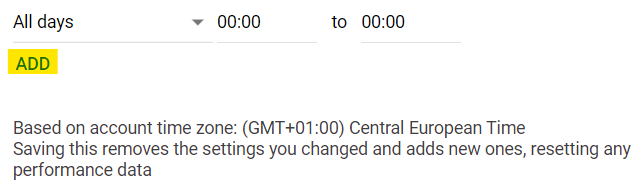 Days and hours parameter in Google Ads display campaign set-up.