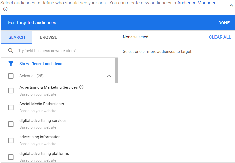 Audience selection parameter in Google Ads display campaign set-up.