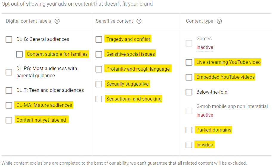 Content exclusion parameter in Google Ads display campaign set-up.