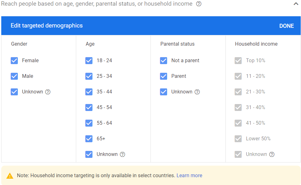 Demographics parameters in Google Ads display campaign set-up.
