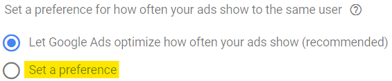 Frequency parameter in Google Ads display campaign settings.