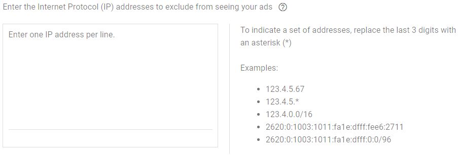 IP exclusions option in Google Ads display campaign settings.