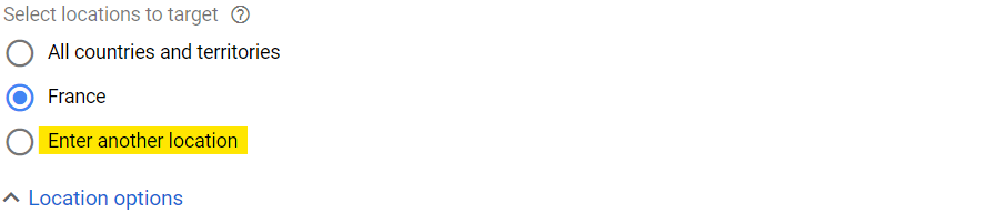 Select locations to target parameter in Google Ads display campaign set-up.
