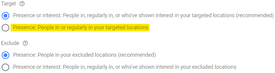 Target or exclude by presence or interest parameters in Google Ads display campaign set-up.