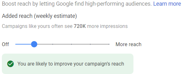Targeting expansion parameter in Google Ads display campaign set-up.