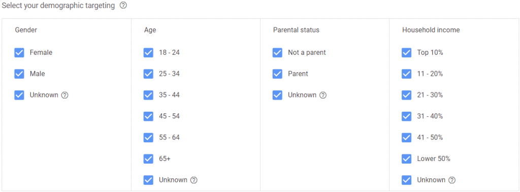 Specify demographic targeting for your YouTube campaign among gender, age, parental status and household income.