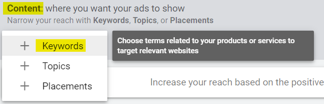 Contextual keyword targeting in Google Ads display campaign set-up.