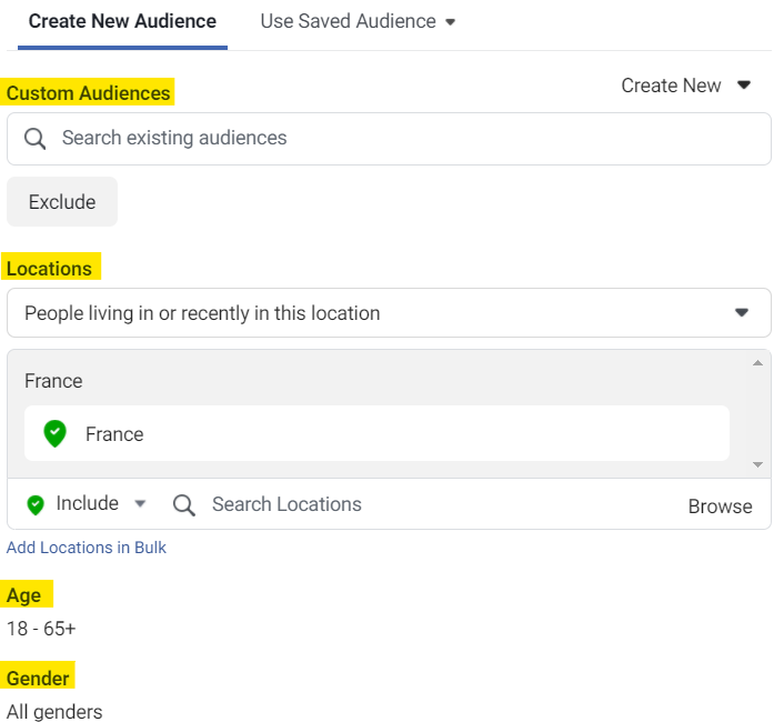 Audience selection options in Facebook Ads manager campaign set-up