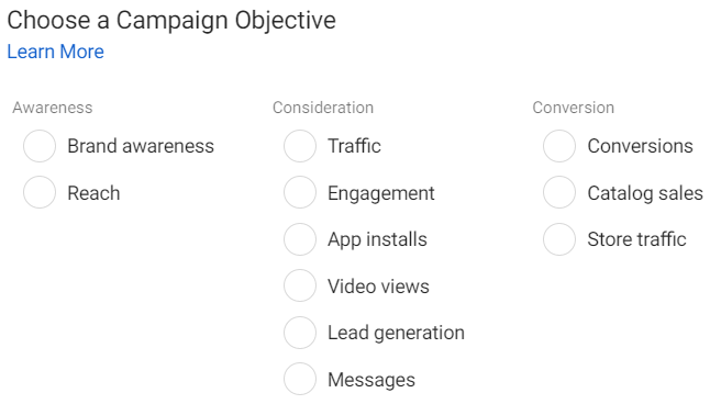 Choose a campaign objective in Facebook Ads manager campaign set-up