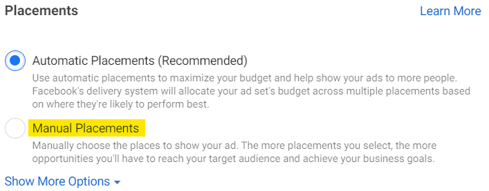 Placement options in Facebook Ads manager campaign set-up
